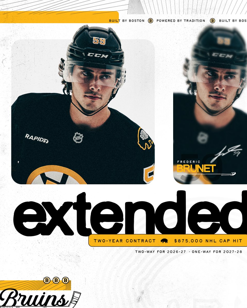 NHLBruins's tweet photo. The #NHLBruins have signed defenseman Frederic Brunet to a two-year contract extension with an annual NHL cap hit of $875,000.

📰: https://t.co/HapE6Waiut https://t.co/rAJzC7EN8i