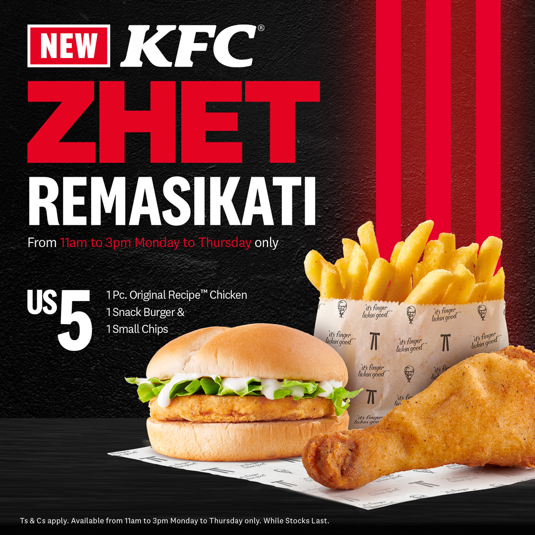 Introducing one Zhet ririkupisa paTown zvaizvezvi! Every Tuesday to Thursday from 11am to 3pm, enda kuKFC for Zhet Remasikati and enjoy that Finger Licking Goodness negood price!