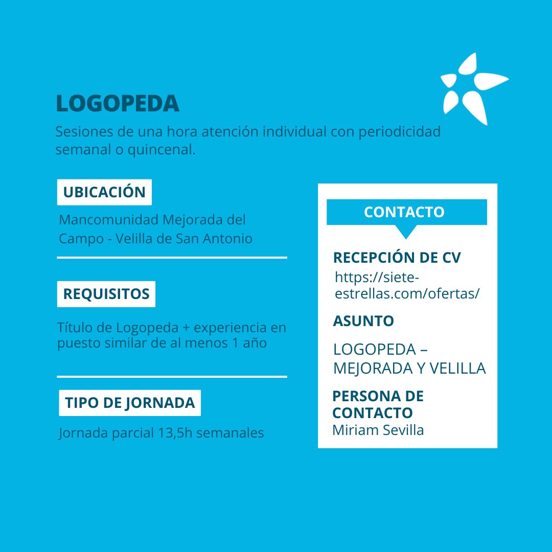 En 📍 Mancomunidad Mejorada del Campo - Velilla de San Antonio abrimos proceso de selección de #LOGOPEDA para sesiones de una hora atención individual con periodicidad semanal o quincenal.

📥 siete-estrellas.com/ofertas/
#Empleo #OfertaDeEmpleo