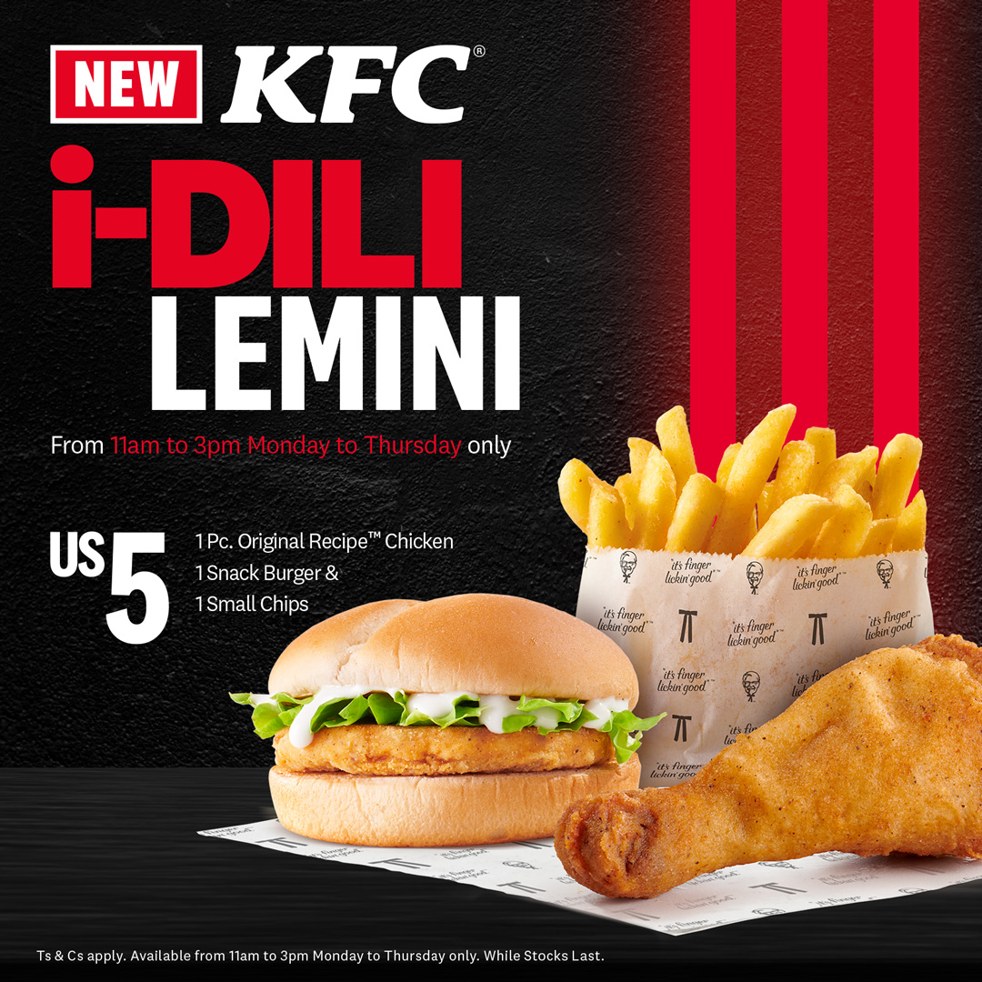 Say hello to i-Dili lasemini, your go to combo yemini at KFC. Itholakala on Tuesday to Thursday from 11 am to 3pm, it’s the perfect way yokukholisa some affordable Finger Lickin’ Goodness in the middle of your day.
