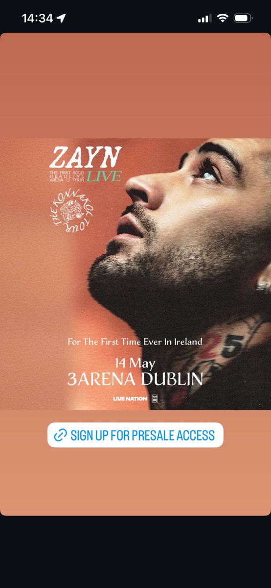 ZaynDailyFR's tweet photo. Zayn sera en concert à Dublin en Irlande le 14 Mai ! https://t.co/FM7xKZ1XHD