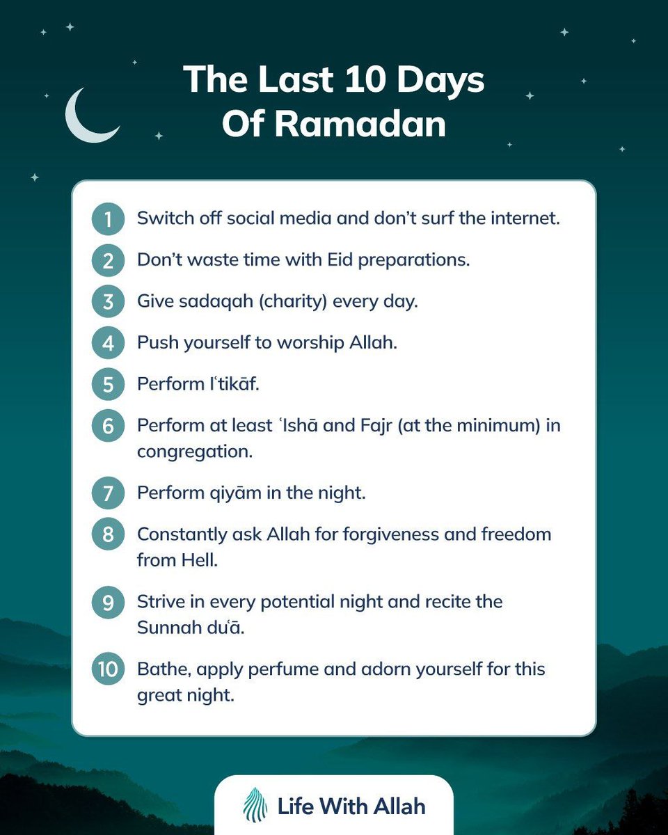 alifewithallah's tweet photo. Article: Laylat al-Qadr & The Last 10 Nights

The last ten nights of Ramaḍān are for intensive worship. Just as the Messenger (ṣall Allāhu ʿalayhi wa sallam) used to cut himself off from people and perform iʿtikāf in the masjid, we too should try to do the same. We should take off as many days as possible from work and use this time to connect deeply with Allah (ʿazza wa jall). We should avoid wasting this precious time with Eid preparations, and switch off from social media.

Read the article to learn how to make the most of these blessed nights and what to do on Laylat al-Qadr: https://t.co/i0ei3uSr31