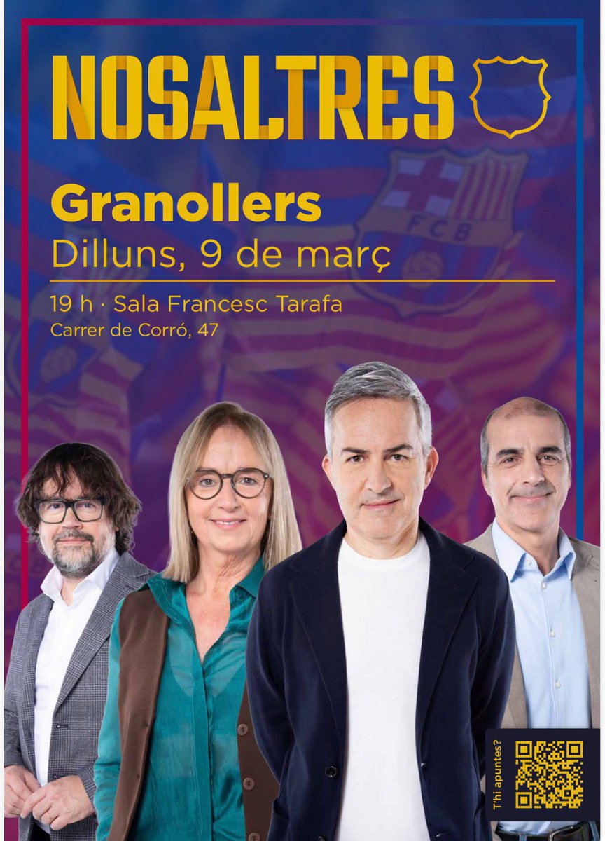 FPFCBValles's tweet photo. 🙋‍♂️ @victor_font (@NosaltresFCB) visita avui #Granollers!

🗣 El candidat a les eleccions a la presidència del FC Barcelona de diumenge presentarà el seu programa electoral.

🗓 Dilluns, 9 de març.

🕖 19 h.

📍Sala Francesc Tarafa.

🔗 Inscripcions a: https://t.co/HHuc5ioKwa . https://t.co/gMH8J6SibO