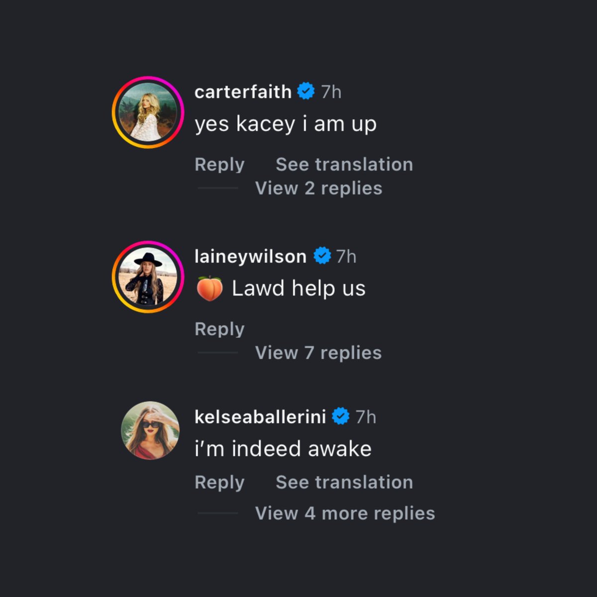 KaceyAccess's tweet image. Lainey Wilson, Kelsea Ballerini and Carter Faith comment on Kacey Musgraves’ latest Instagram post.