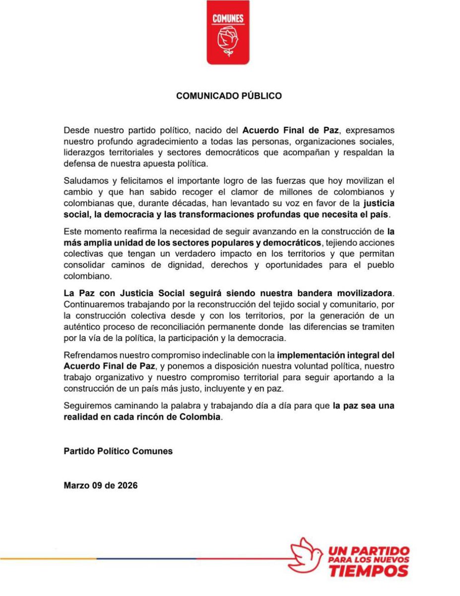Hoy reafirmamos nuestro compromiso con la Paz con Justicia Social.
Agradecemos a quienes siguen creyendo en la política como camino para transformar Colombia y construir unidad entre los sectores populares y democráticos.
Seguiremos trabajando por la implementación integral del