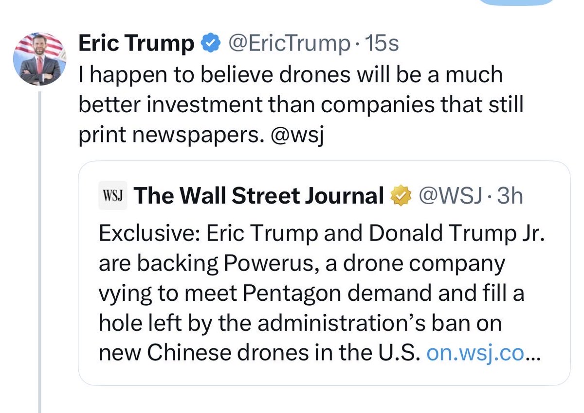 Donald Trump Jr. sits on the board of an American drone company with Pentagon contracts.

Eric Trump recently invested in an Israeli drone company.

Don Jr. and Eric just invested in yet another drone company vying to get government contracts.

But Hunter Biden sold a painting.