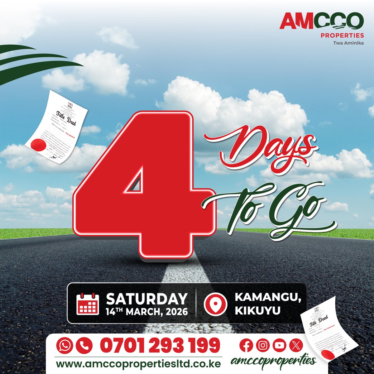 AmccoProperties's tweet image. 4 days to the launch of our newest project in Kamangu, Kikuyu. Another chance to own your own 50x100 plot in a fast-growing area.

Get ready to secure your spot.
Call us on 0701 293 199 | WhatsApp: wa.link/amcco

#amccoproperties #realestatekenya #plotsforsale