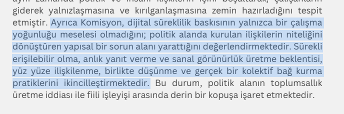 Rapordaki bu vurgu da çok önemli... 

Özetle şunu diyor: Sanal görünürlük beklentisi, kolektif bağ kurma pratiklerini ikincilleştirmektedir.