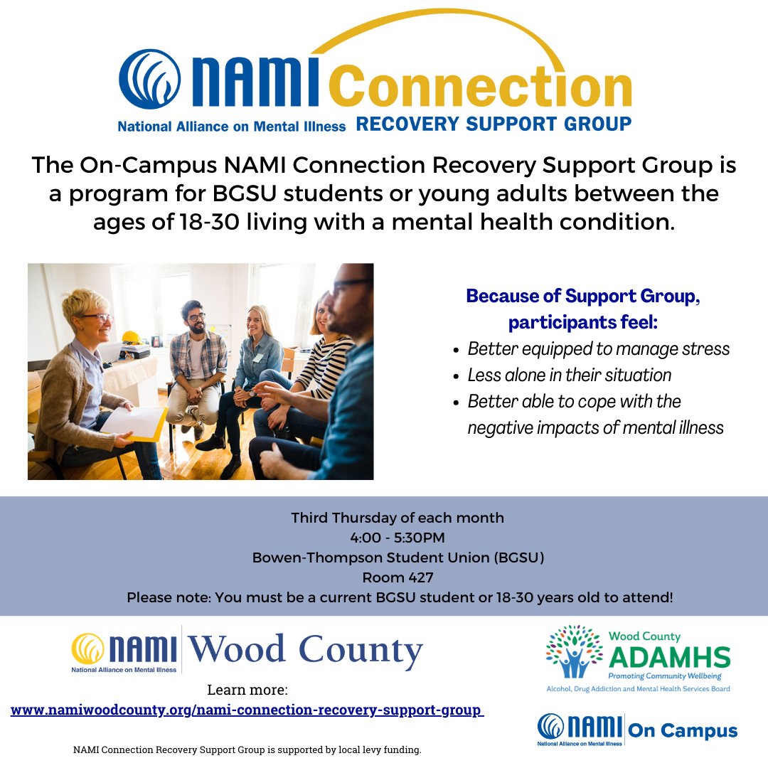 Join us for the On Campus NAMI Connection Recovery Support Group!
🗓️ Date: Thursday, March 19th
⏰ Time: 4:00-5:30 pm
📍 Location: Bowen Thompson Student Union at BGSU
Learn more: namiwoodcounty.org/nami-connectio…