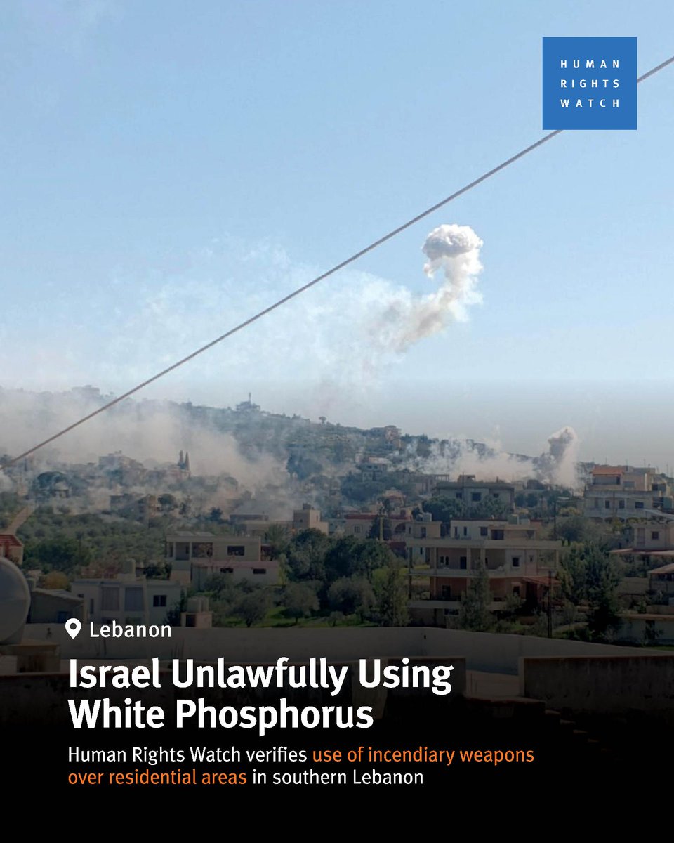NEW: The Israeli military unlawfully used white phosphorus over homes on March 3, 2026, in the Lebanese town of Yohmor.

The use of white phosphorus over residential areas is extremely alarming and will have dire consequences for civilians.

Read more: bit.ly/4bdqxDt