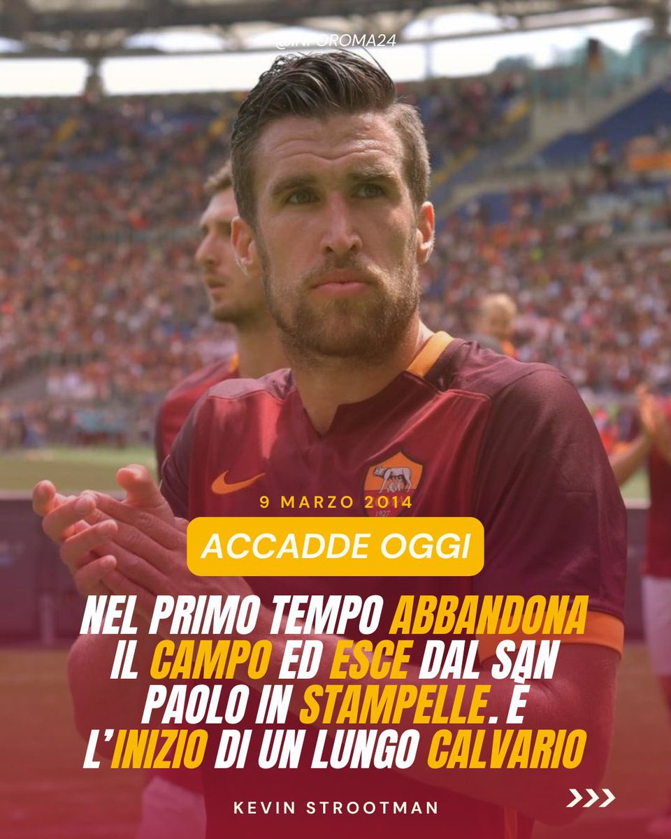 inforoma24's tweet photo. 🟡🔴 Accadde oggi: il 9 marzo 2014 Kevin #Strootman si lesiona il legamento del crociato anteriore del ginocchio sinistro in #NapoliRoma.
🇳🇱 La ‘Lavatrice’ nel primo tempo della partita esce dal campo nel veicolo medico e poi abbandonerà il San Paolo in stampelle.
#ASRoma https://t.co/NeJZ3L8Zoi