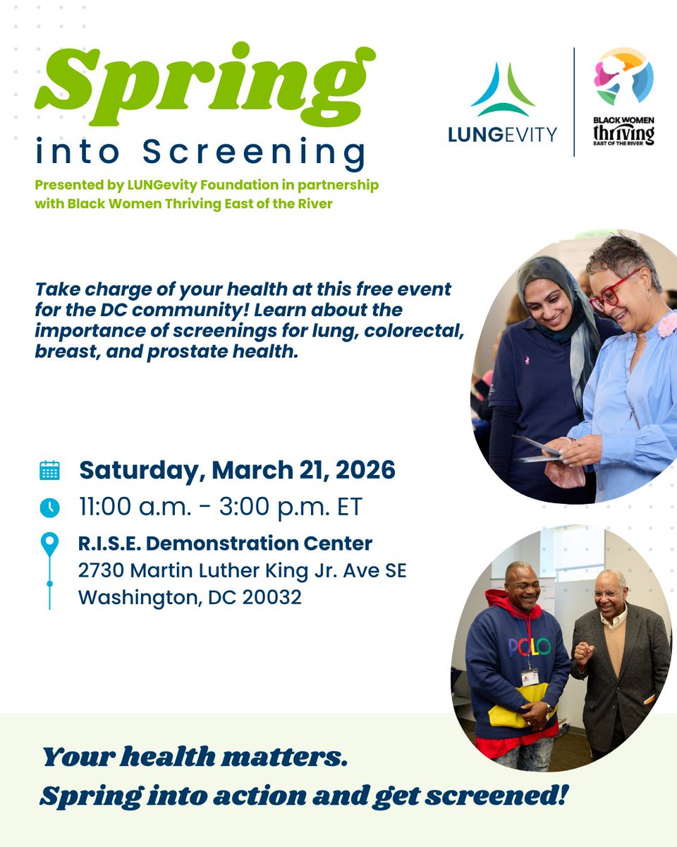 LUNGevity's tweet photo. DC, “Spring into Screening” to learn about the importance of screenings for lung, colorectal, breast &amp; prostate health. Get your questions answered and speak directly with healthcare providers to find out which screenings are right for you. Register now! https://t.co/Zty4nExbF7 https://t.co/gqAnJJP6Q7