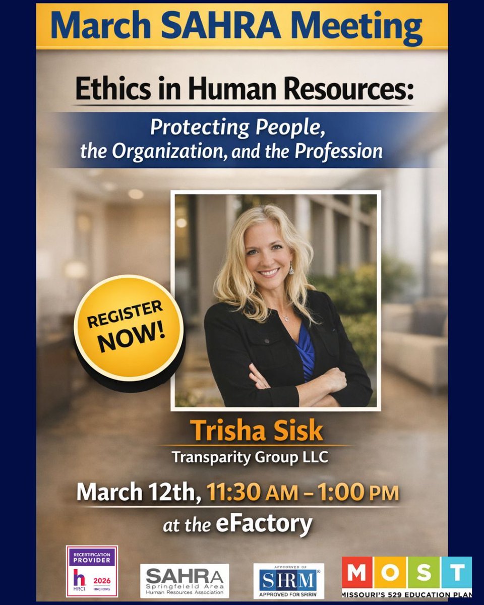 Join us this Thursday for:

Ethics in Human Resources: Protecting People, the Organization, and the Profession

Featuring Trisha Sisk
🗓 March 12th
⏰ 11:30 AM – 1:00 PM
📍 The eFactory

This session qualifies for recertification credit and is one you won’t want to miss.