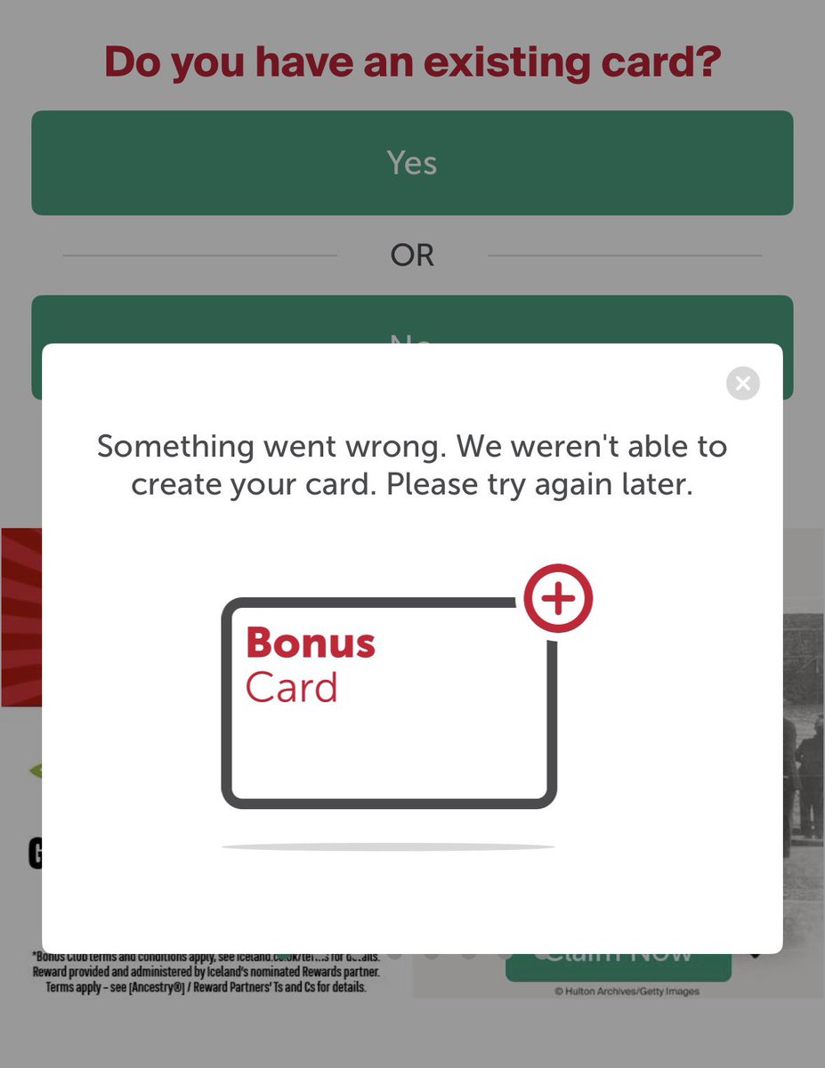 themikehird's tweet photo. @IcelandFoods help please. I’ve been logged out of  bonus card app. I no longer have the physical card = I don’t know its number. “Do you have the card”. Answer Yes needs card number. Answer No presents the image shown. How do I get back into app?  My email is still registered. https://t.co/TDQleQmDMv