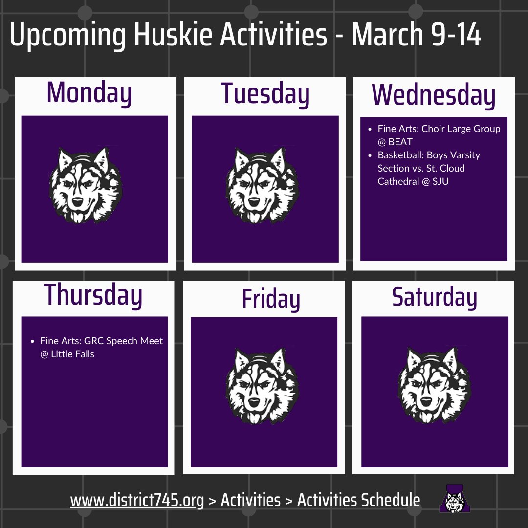 ISD745's tweet image. Check out the Huskie activities this week! 🐾
Make sure to check the Granite Ridge Conference Activities Calendar (linked below), as all events are subject to change.
Ticket and streaming info can be found at:
graniteridgeconference.org/public/genie/2…
#PurplePride #HuskiesPullTogether