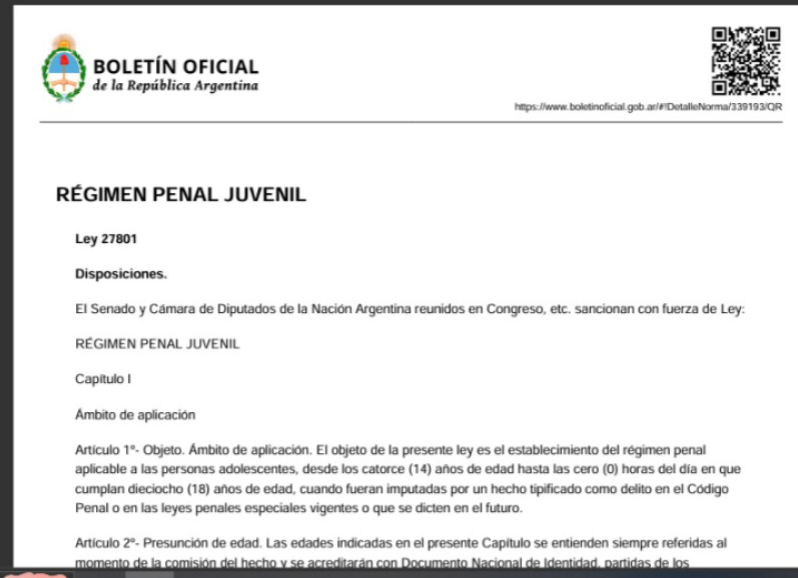 MatssCas's tweet photo. Nuevo Régimen Penal Juvenil en Argentina: el Gobierno promulgó la ley que baja la edad de imputabilidad a 14 años https://t.co/3V65QzilAo