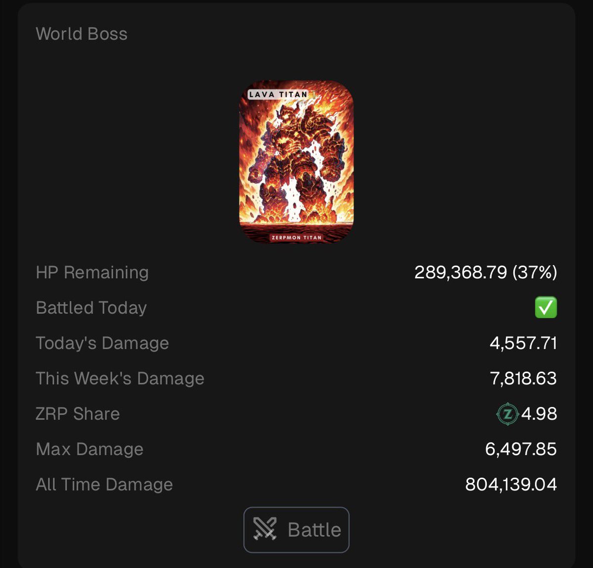 ⚔️<a href="/zerpmon/">Zerpmon</a> Battle Status ⚔️

🏋️Gym Battles
▫️Day 2
▫️Won 20/20
▫️Earned 22.53 $ZRP

🌏 World Boss
▫️Day 2
▫️Zrp share: 4.98 $ZRP

<a href="/EvilProfGary/">Gary</a> looks like you need to start the distribution soon