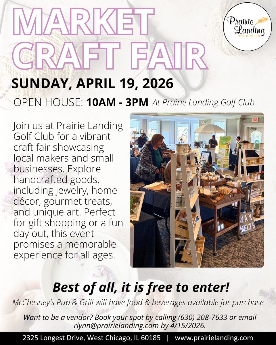 Market Craft Fair on Sunday, April 19, 2026, from 10:00 AM – 3:00 PM at Prairie Landing Golf Club! Best of all, it is free to enter!
Want to be a vendor? Book your spot by calling (630) 208-7633 or email rlynn@prairielanding.com by 4/15/2026.
