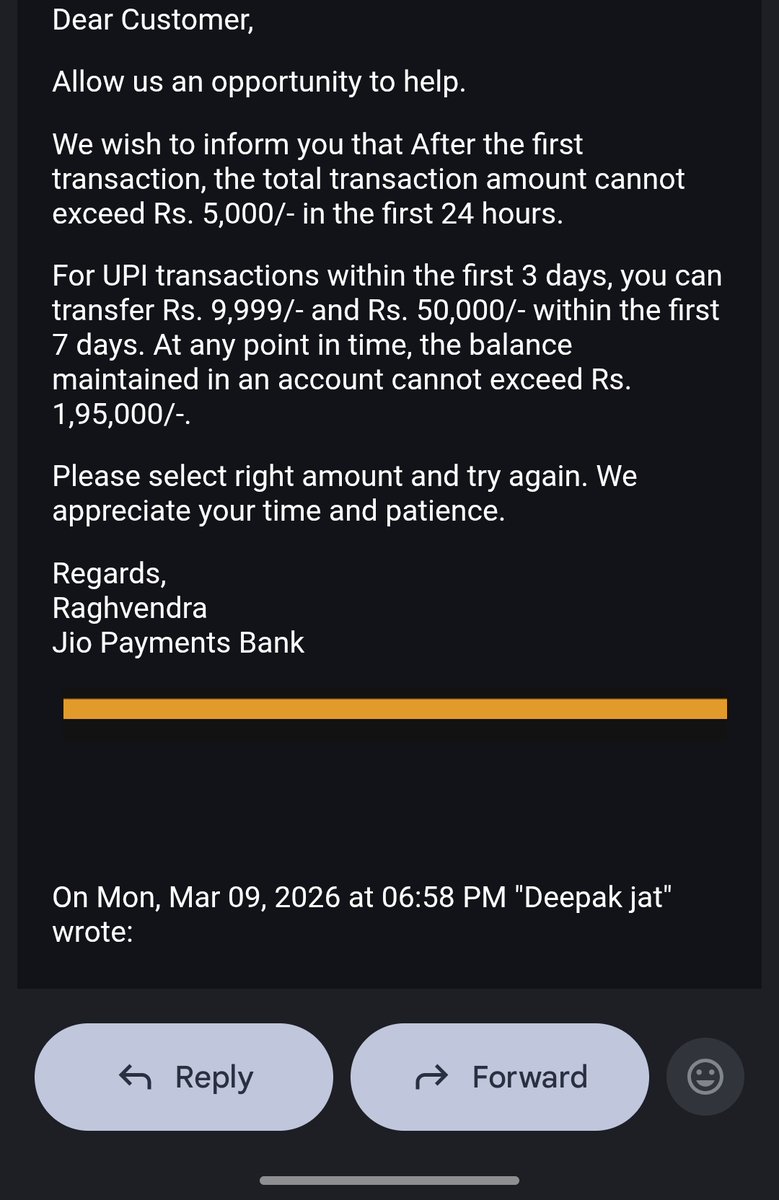 deepakjat4316's tweet photo. @JioFinancial @JioCare  i forgot to change my primary account while receiving money now i have to send money to a friend and now what i have...the limitation on transaction for a week...means my money is stuck for 1 week https://t.co/ZvBACLYb3i