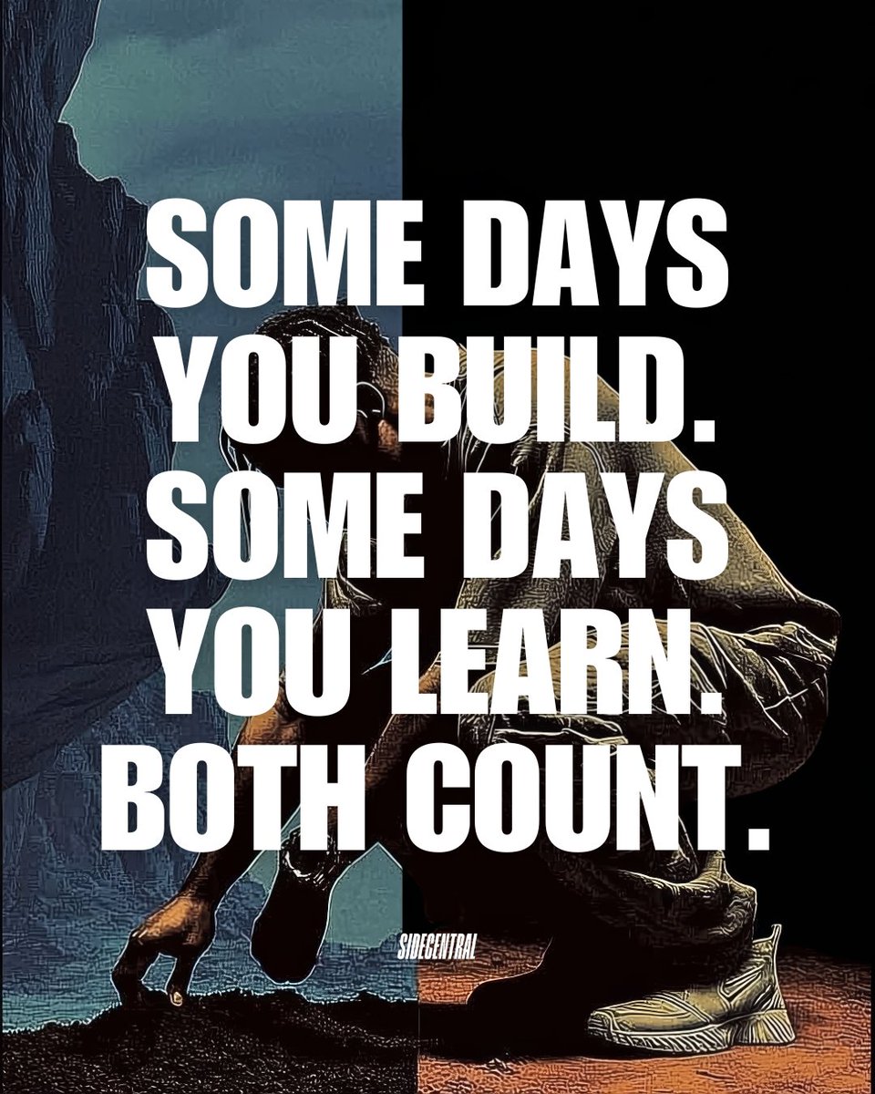 sidecentral_'s tweet photo. Progress isn’t just what you produce, it’s what you learn that sharpens the next step.

Some days you build. Some days you learn. Both count. Not every day produces visible results, but every day can move you forward. The wins build momentum, and the lessons sharpen your approach.
