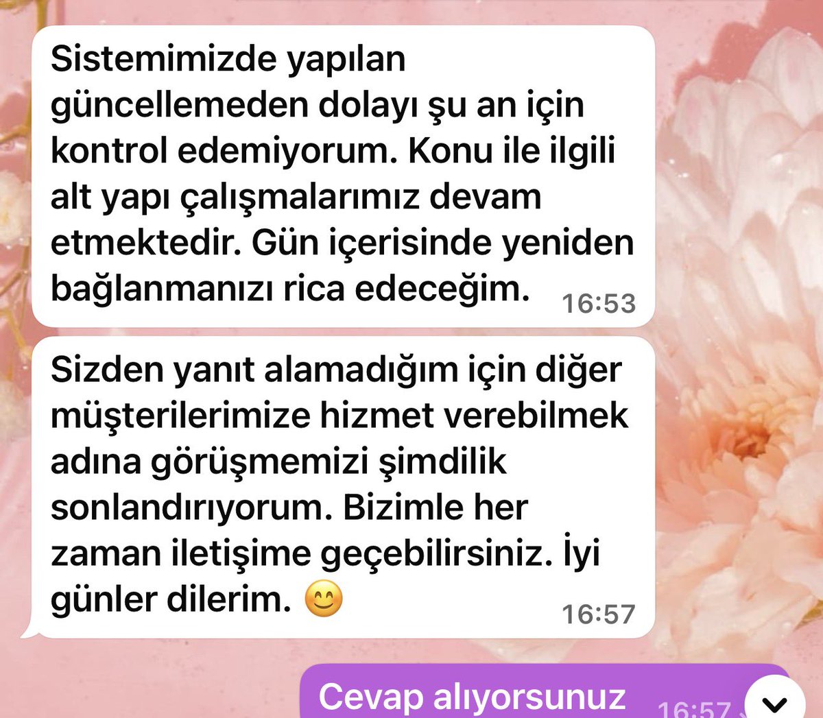 periselangel's tweet photo. Sevgili @karacaonline müşteri hizmetleri günlerdir aramalarımıza dönmediği gibi sürekli WhatsApp hattına yönlendiriyor cevap vermeyip şu şekilde olayı kapatıyor! 

Servisteki ürünümüz hakkında 20 gündür farklı bilgiler alıyoruz ancak hiç destek görmüyoruz mağdur olduk #karaca https://t.co/PbBTJ1PLsX