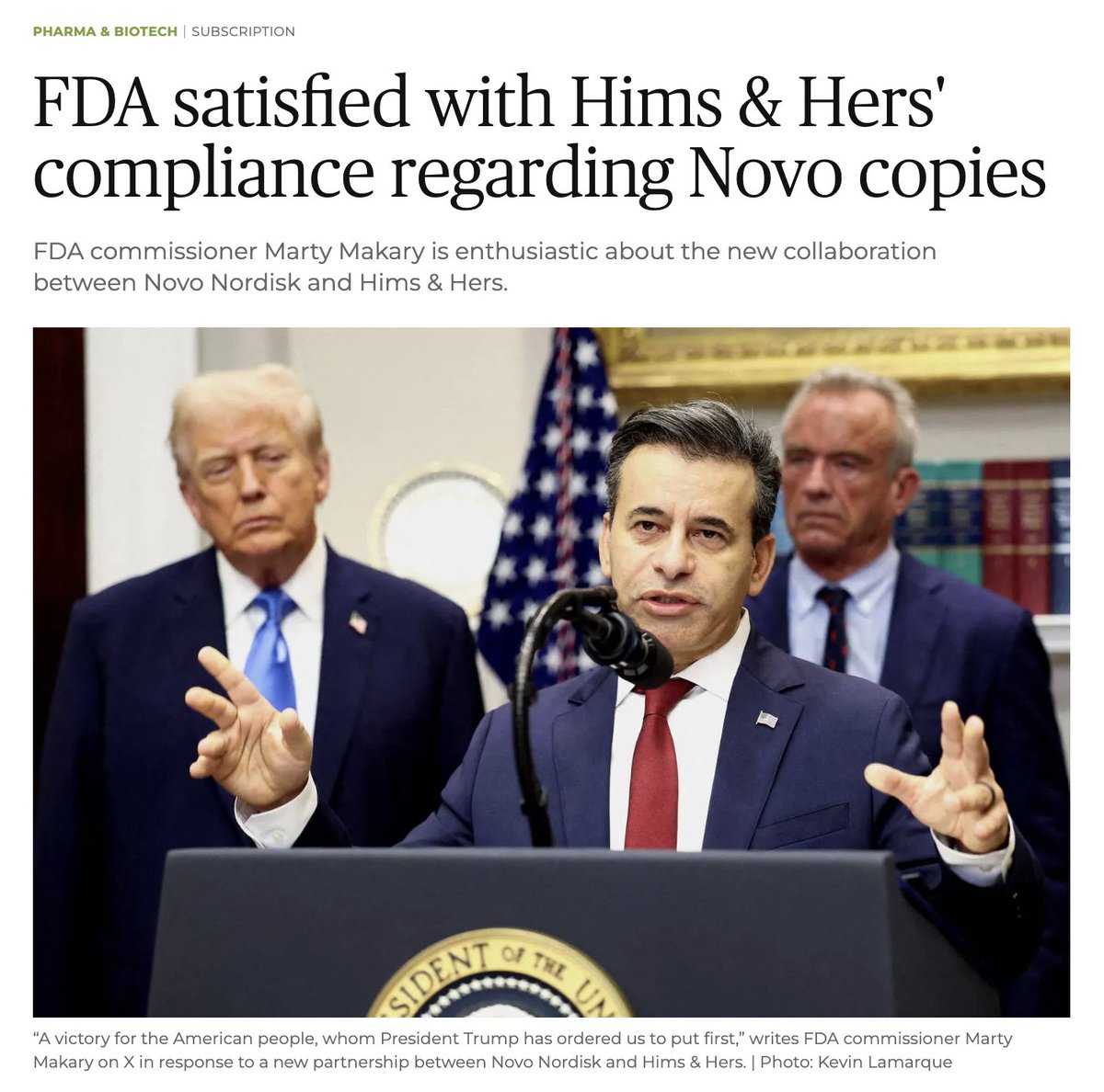 himshouse's tweet photo. 🚨 FDA SATISFIED WITH $HIMS COMPLIANCE REGARDING $NVO COPIES  -MEDWATCH

FDA commissioner Marty Makary is enthusiastic about the new collaboration between Novo Nordisk and Hims & Hers

The four overhangs on $HIMS stock price have now been pretty much eviscerated:

- Novo lawsuit
- FDA investigation
- DOJ investigation
- SEC investigation