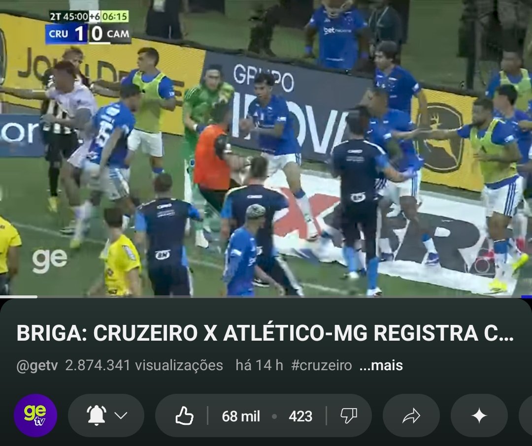 futnatv's tweet photo. A GE TV postou um vídeo de 7 minutos só com a pancadaria entre Cruzeiro e Atlético.

O vídeo já acumula quase 3 milhões de views, enquanto o vídeo dos melhores momentos de bola rolando está com 463 mil.

A briga superou em views TODOS os melhores momentos de jogos postados ontem pelo canal, Flamengo x Fluminense - a mais acessada - tem 580 mil views, cinco vezes menos que a íntegra da confusão entre os mineiros.