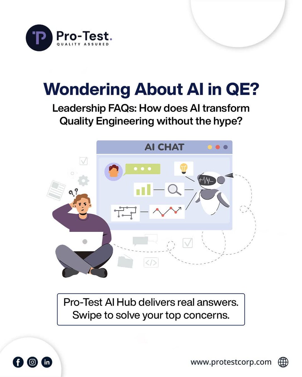 ProTestcorp's tweet photo. Wondering About AI in QE? Leadership FAQs Answered.

Swipe through Pro-Test AI Hub's no-hype reality:
QE leaders/CTOs: Get straight answers for your stack.
Book 15-min AMA/demo → https://t.co/88mp533xEk

#AIQualityEngineering #TestAutomation #QELeadership #EnterpriseAI #Data https://t.co/NEF9cSyVYj