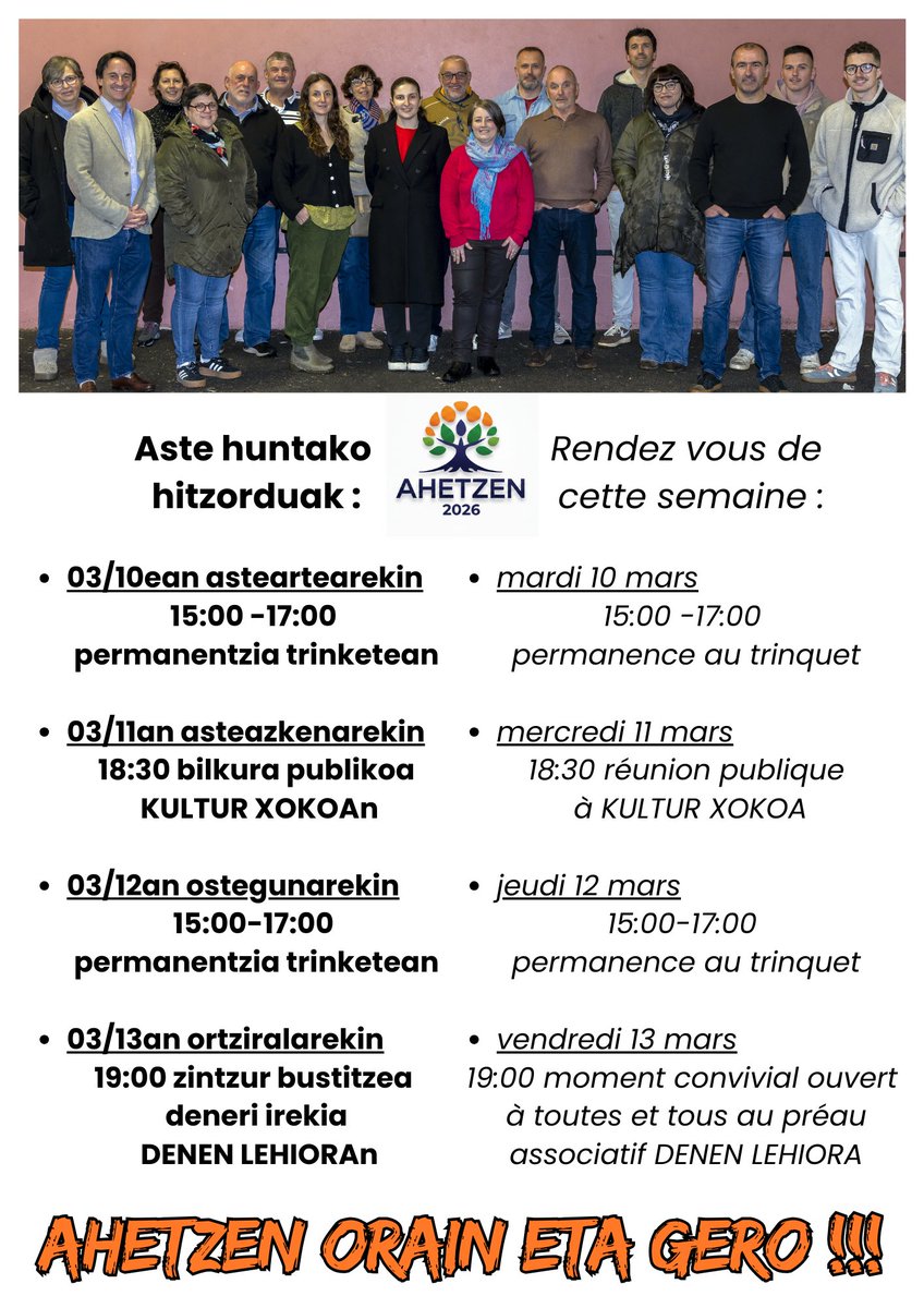 (FR) La campagne électorale suit son cours et finira vendredi soir.
Cette semaine vous ne manquerez pas d'occasion pour venir échanger avec nous, et nous viendrons également à votre rencontre pour discuter de notre programme.
AHETZEN ORAIN ETA GERO !!!
#ahetzen #herrikobozak