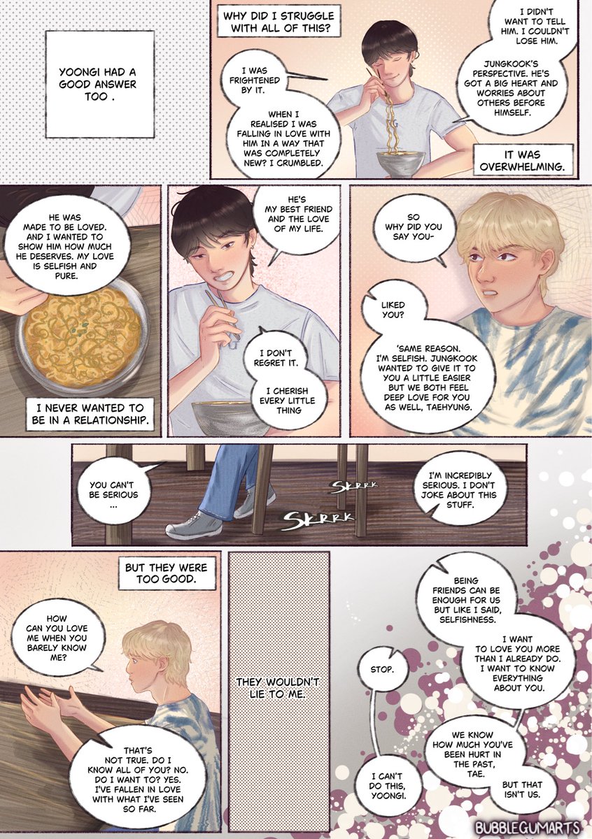 Maybe We Could Be… 🍃

My piece for the final volume of <a href="/goldenhavenzine/">Golden Haven: A Charity Zine Collection</a>! A mini collab with <a href="/Nele_shn/">N⁷🌻 II 521.4k🐉</a> (thank you for an amazing prompt!). 

Pages (4/7)
#SUGAFANART #HappySUGADAY #btsfanart