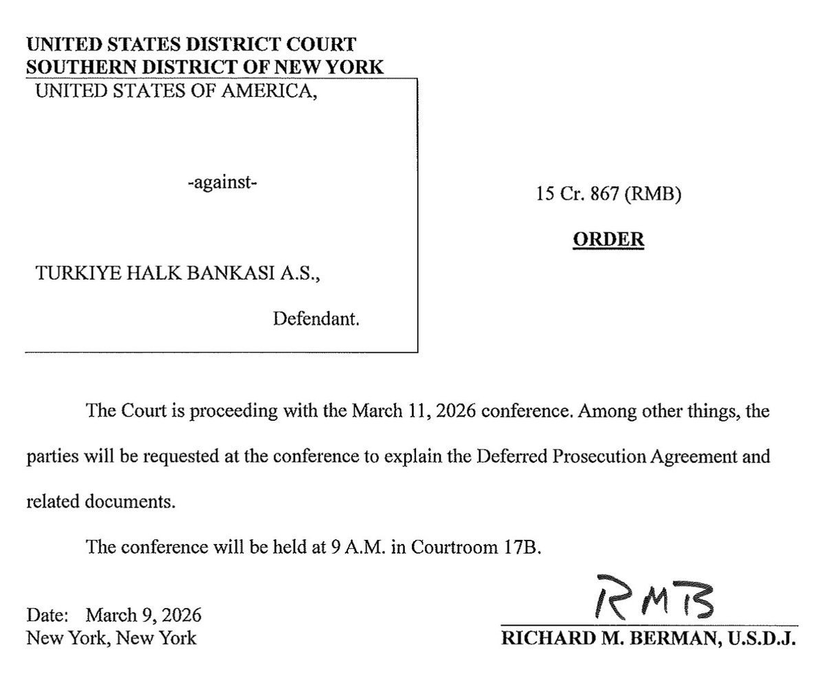 NEWS

Trump DOJ offers a deferred prosecution agreement to Halkbank, the Turkish state-run bank charged with laundering billions in Iranian oil money.

Trump repeatedly tried to end this case in his first term—per John Bolton, as a favor to one of the "dictators he liked" (i.e.