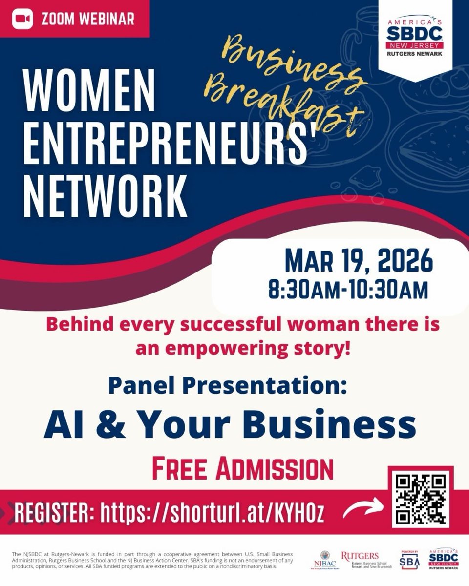 HudsonLatin's tweet photo. #ZoomWebinar | On March 19, 2026, from 8:30 a.m. to 10:30 a.m., entrepreneurs, professionals, and business leaders will have a virtual meeting at the Women Entrepreneurs Network #BusinessBreakfast, an event organized by NJ SBDC at Rutgers-Newark (@rnsbdc). https://t.co/pkaitPfDDM https://t.co/UK49mQeK9c
