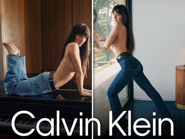 TMZ's tweet photo. 🤩 Dakota Johnson dances around topless in a new Calvin Klein campaign.

Video: https://t.co/pTJX0a6OsP https://t.co/7gkt6Mk6A9