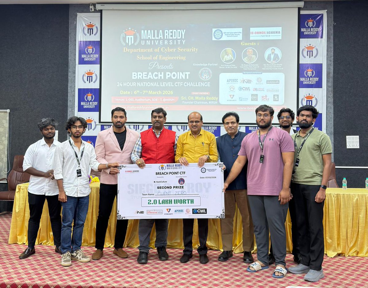 MVSRConnect's tweet photo. Our students secured 2nd place at the BreachPoint CTF 🏆 — a 24hr national level competition at Malla Reddy College.

Team CLIENT-ZERO brought home ₹2 lakh worth vouchers from a ₹16+ lakh prize pool.

Great work: Aniketh Chittiprolu | Syed Abrar Ahmed | S. Sai Puneeth https://t.co/R5SLDH0olu