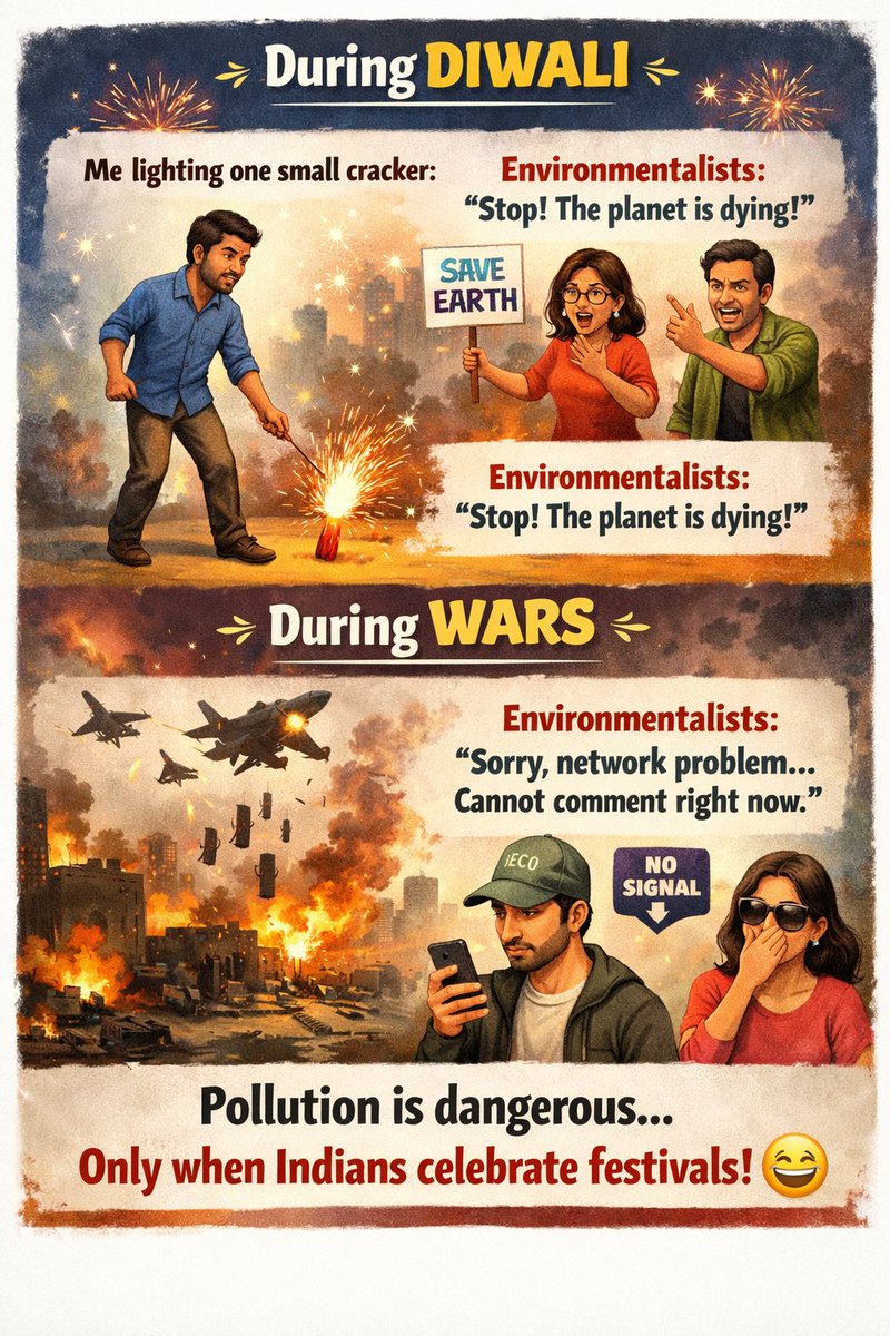 radhesh's tweet photo. “1 Diwali cracker = End of the world
1000 war bombs = Environmentalists on silent mode.”  @ https://t.co/NUU9V8pdL0