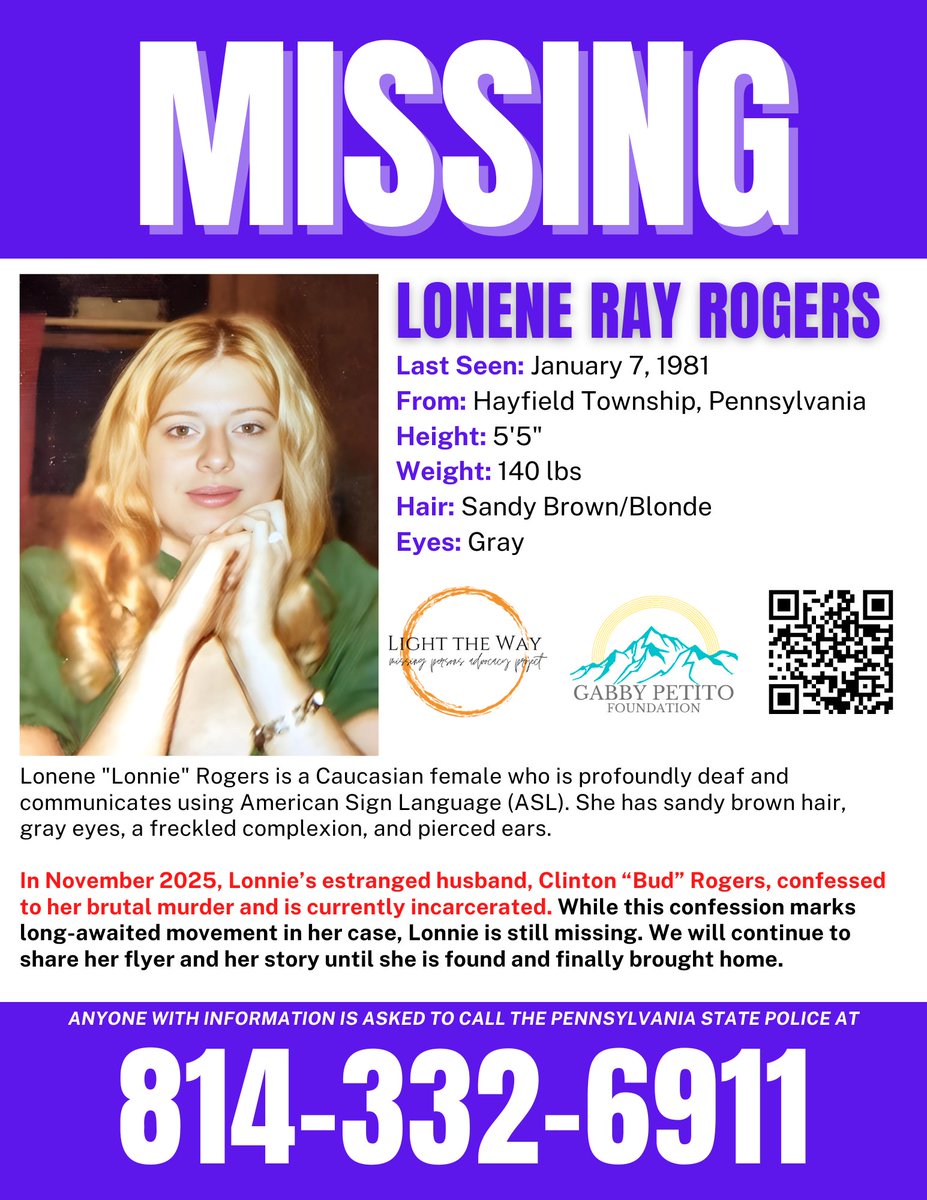 It’s #MissingPosterMonday. Please help share #LoneneRogers’ flyer to raise awareness. In Nov 2025, her estranged husband confessed to her murder and remains incarcerated. But Lonene Rogers is still missing. A confession is not the same as bringing her home. #Pennsylvania #Missing