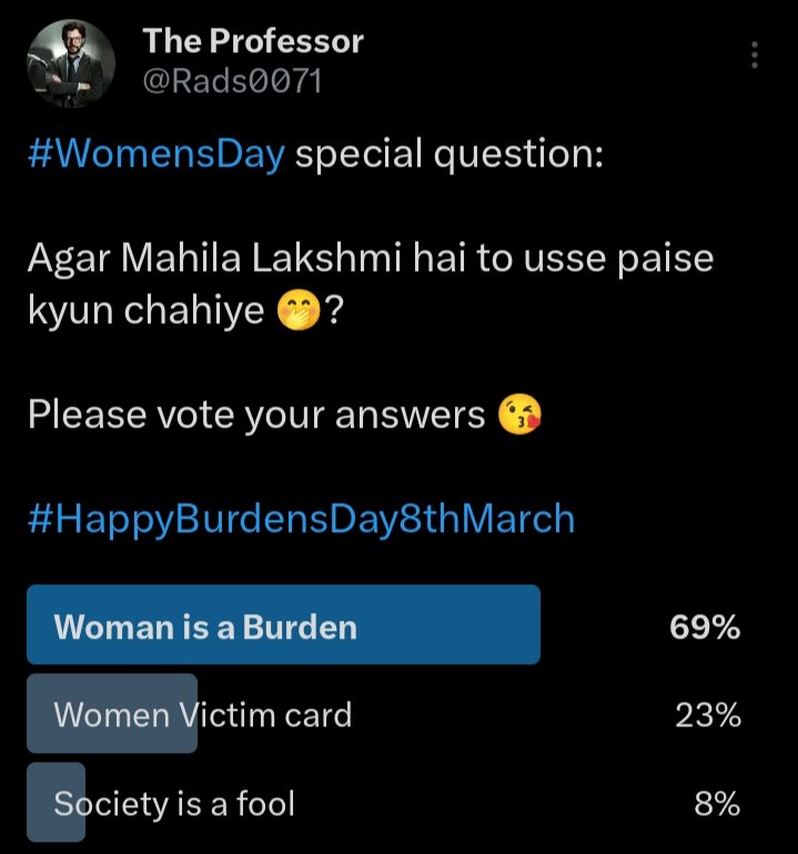Rads0071's tweet image. 92% of voters feel that a woman is not Lakshmi as trumpeted in  traditional Hindu Gynocentric ideology 

Rather around 70% voters feel that women are a burden and a liability nowadays thanks to #Feminism

Around 22% voters feel women play the victim card to hide their laziness !