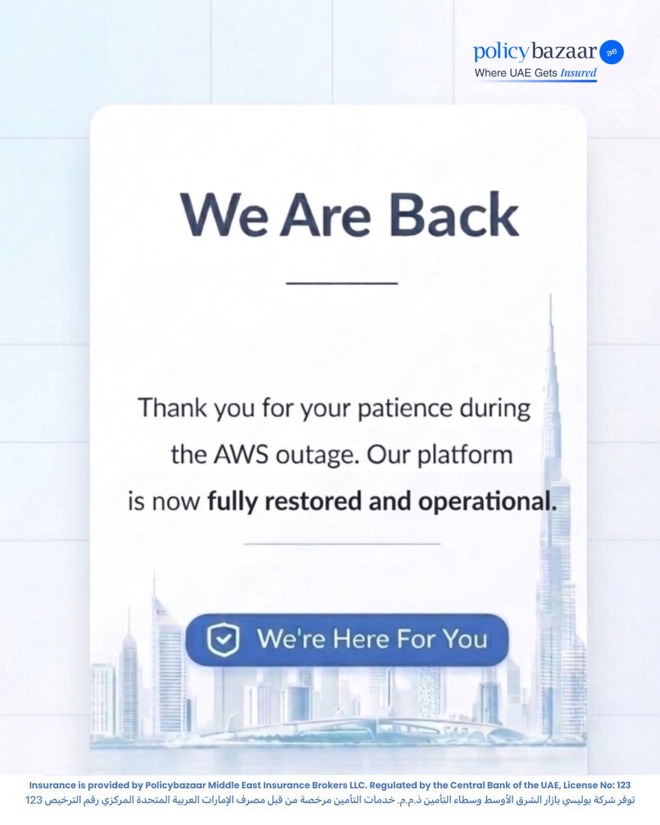 PolicybazaarUAE's tweet image. Our services are back and fully operational. We appreciate your patience and understanding while the issue was resolved, and we sincerely apologize for any inconvenience caused.

#PolicybazaarUAE