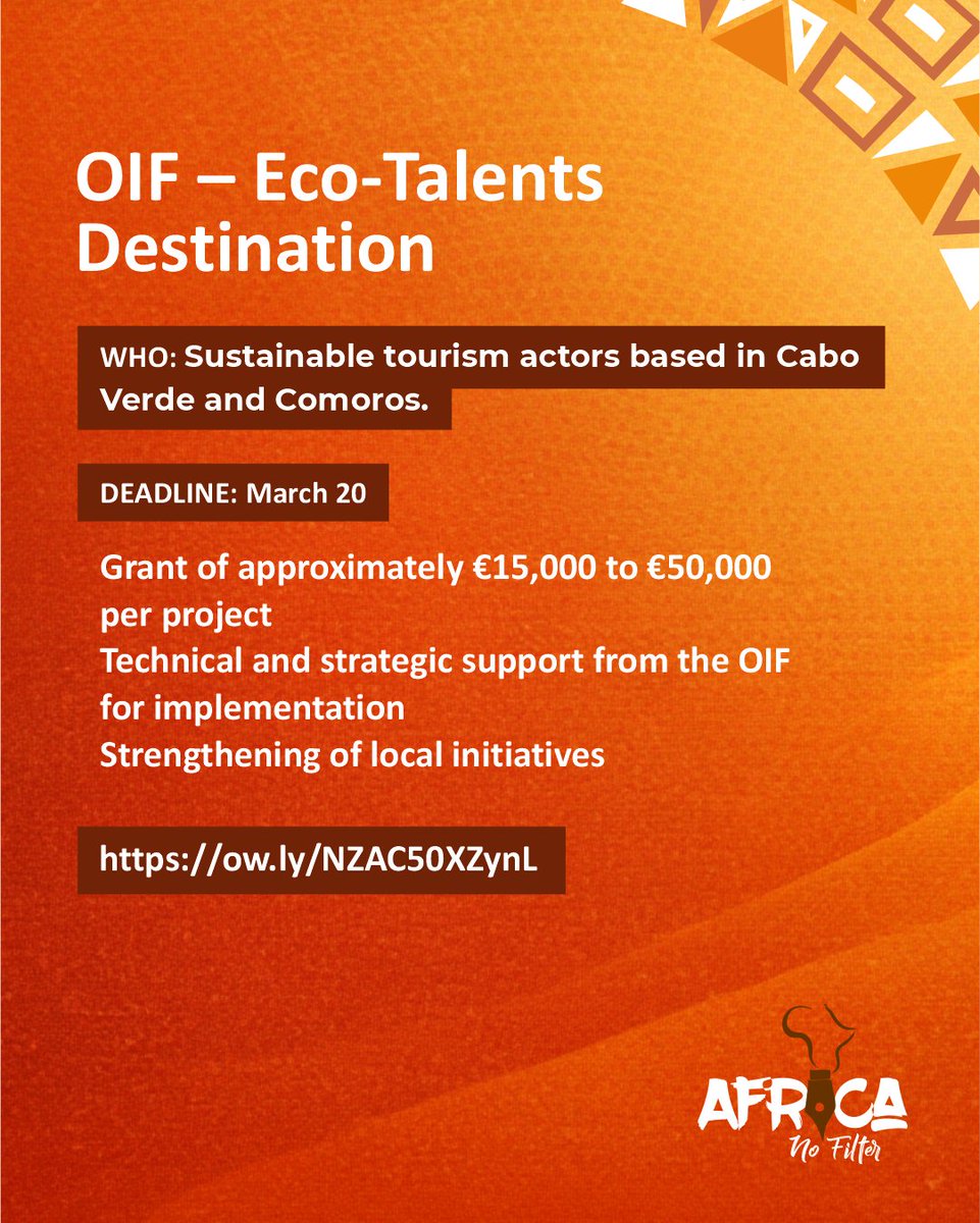 africanofilter's tweet photo. African storytellers, grants and funding opportunities are waiting for you! Tag someone in your network who should apply.

World Cinema Fund – Production & Post Production Support
👉🏾 For filmmakers and producers in Asia, Africa, Latin America, the Middle East, Eastern Europe
👉🏾 Up to €60,000 for production or post production
👉🏾 Support for bold films with artistic vision and international potential
Deadline: Now open
🔗 https://t.co/wKEJzwc8Hf 

 OIF – Eco Talents Destination
👉🏾 For sustainable tourism actors in Cabo Verde and Comoros
👉🏾 Grants of €15,000 to €50,000
👉🏾 Includes technical and strategic support from OIF
Deadline: March 20
🔗 https://t.co/2Kcs63PwET 

 Artistic Mobility Programme – Taama Dèmè 2026
👉🏾 For artists and cultural actors in OIF member states
👉🏾 Up to €5,000 for mobility
👉🏾 Up to €2,500 for circulation of works
👉🏾 Opportunities to showcase performances
Deadline: August 31
🔗 https://t.co/hlov0hzuF3 

#hotopportunities #africanofilter