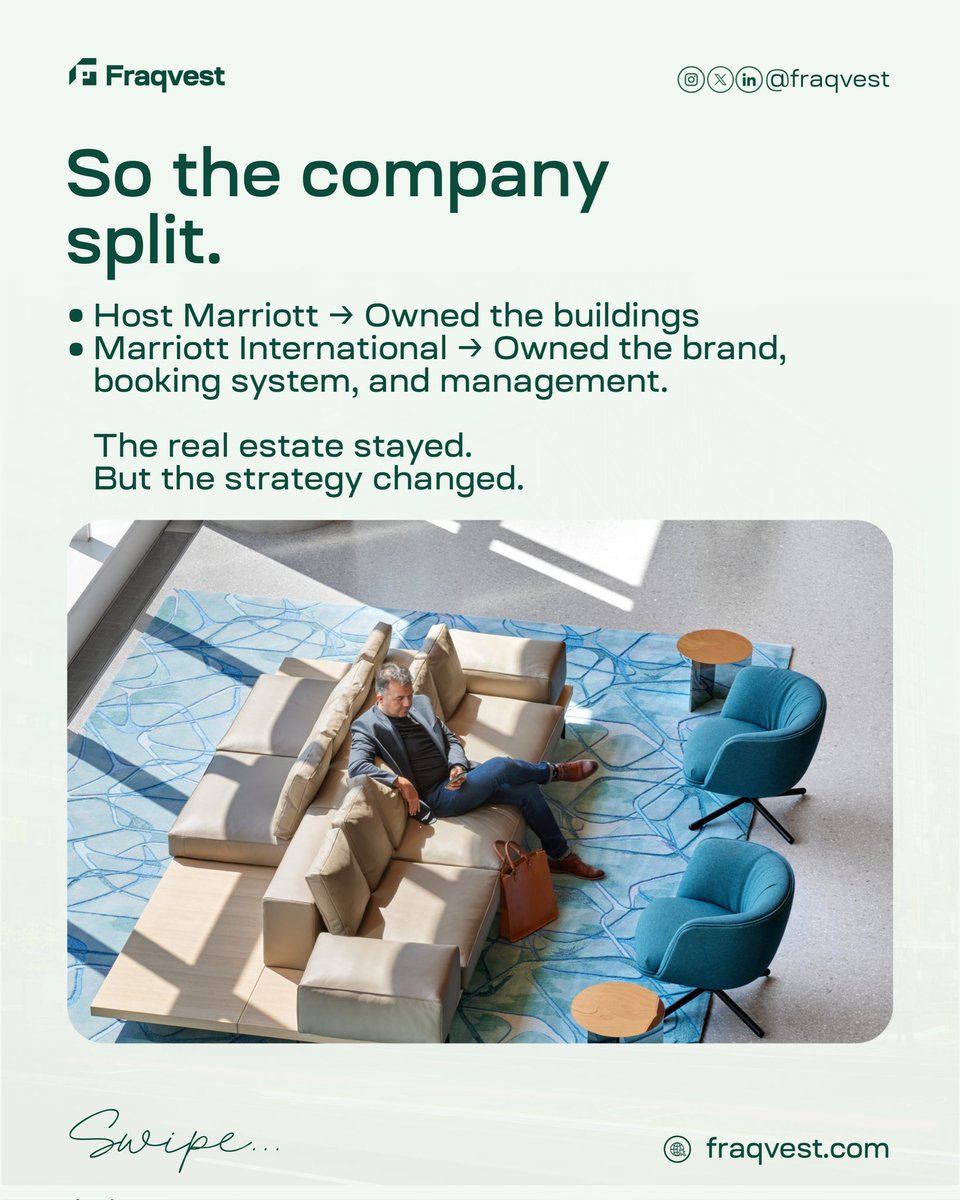 fraqvest's tweet photo. Marriott scaled globally without owning most of its hotels.

It owned the system, not the bricks.

In modern real estate, structure often creates more leverage than ownership.

Check thread for full insight...
#RealEstate #Investing #BusinessStrategy #Hospitality https://t.co/V5RyxZNnOB