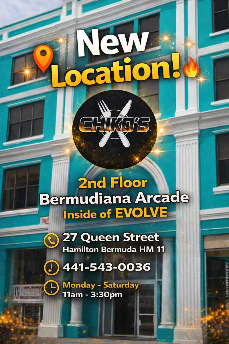 chikocatering's tweet photo. We are still getting questions on if we have moved?..Yes we have. New location 2nd Floor Bermudiana Arcade. π§π² #chikosbda #bermuda #bermudarestaurant #bermudafood #bermudafish https://t.co/uGXVsI6A34