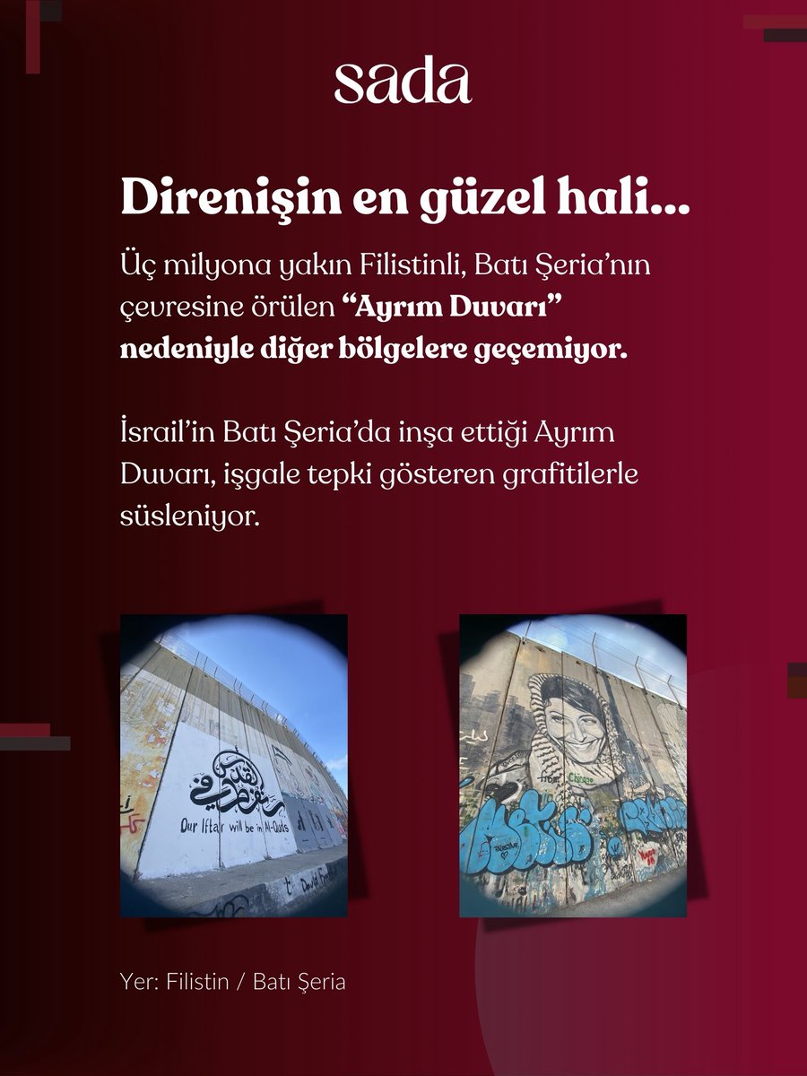 #Filistin'e gittiğinde buraya mutlaka uğra ve direnişin sanata yansımasına şahitlik et!

#sada #batışeria #sanat #ayrımduvarı