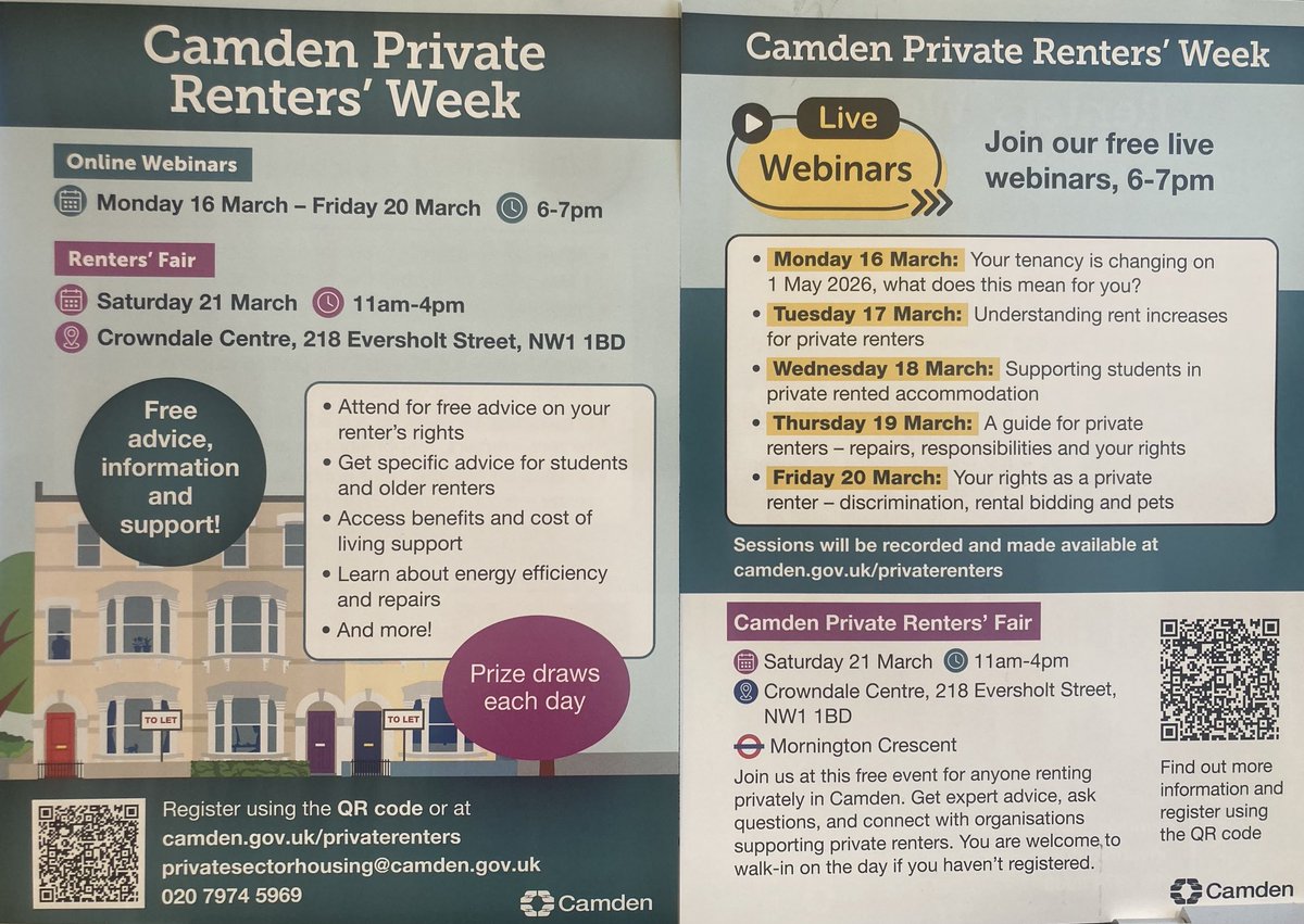 Olszewski_RJO's tweet image. Coming up! #Camden Private Renters’ Week: 16-20 March.

Webinars each day &amp;amp; on Saturday 20 Mar, Renters’ Fair in Crowndale Centre.

Free advice on your rights as a private renter; as a student or older renter; access benefits, and learn about energy efficiency and repairs.
#PRS
