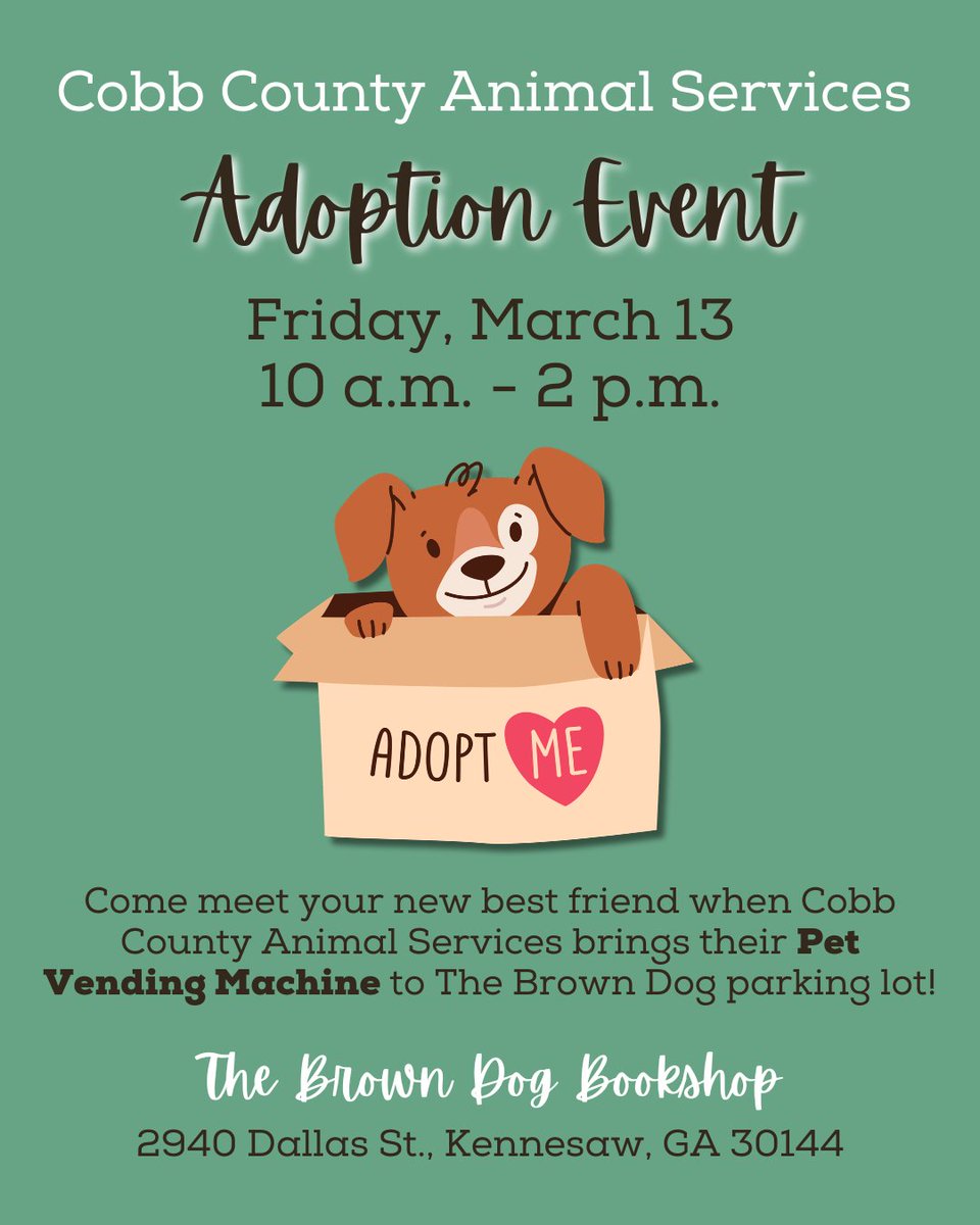 CobbAnimal's tweet photo. We can't wait to see you @TheBrownDog15 on Friday!! Our pet vending machine will be there with free adoptions! Your #foreverfriend awaits! #adoptdontshop #cobbcountyanimalservices https://t.co/WNbkBxSx2S