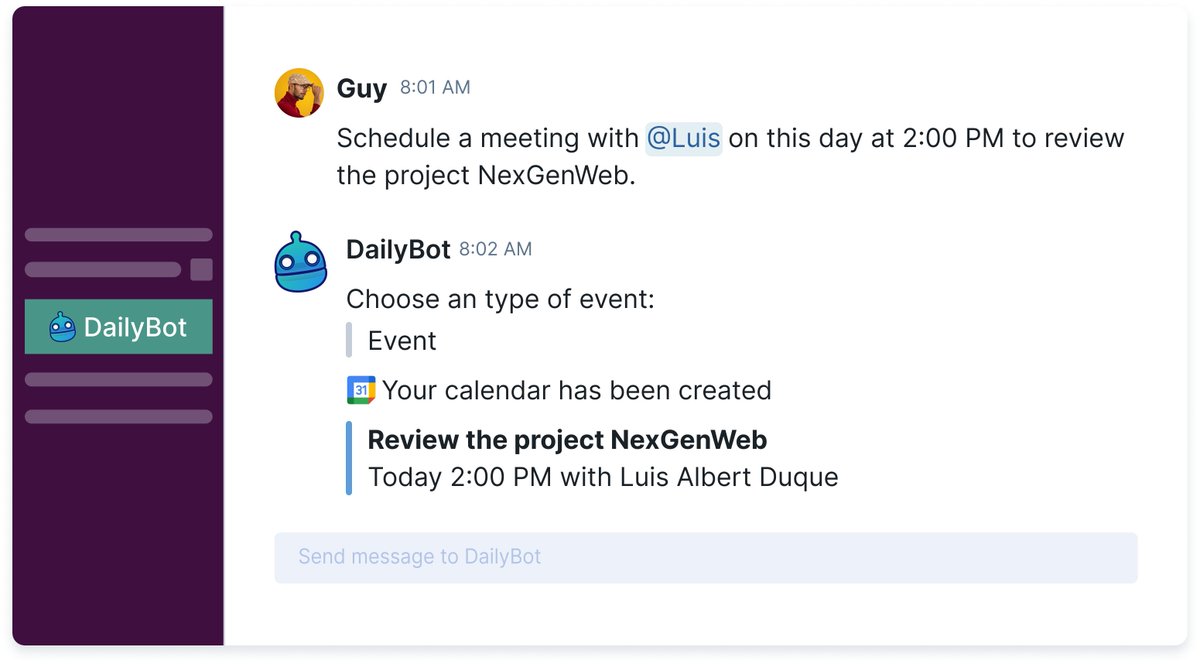 Did you know you can connect Google Calendar to DailyBot?
Once you do, your schedule lives inside your chat.
No switching apps. No missed meetings. Just ask and it answers 🤌