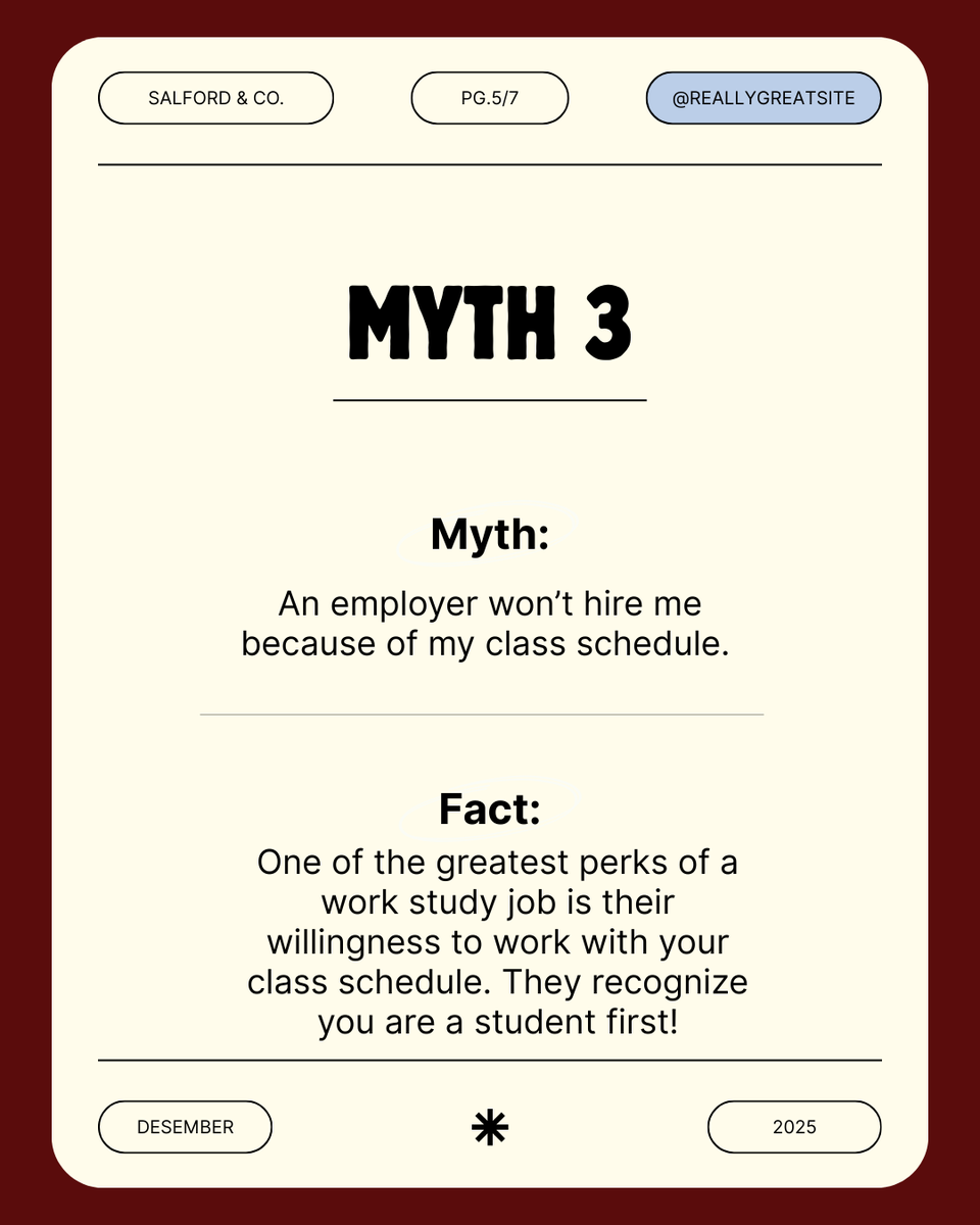 Student Employment Myth Monday 🚫

Myth: My class schedule will prevent me from getting hired.

Fact: Campus employers understand you’re a student first and often work around class schedules.

Communicate your availability clearly!