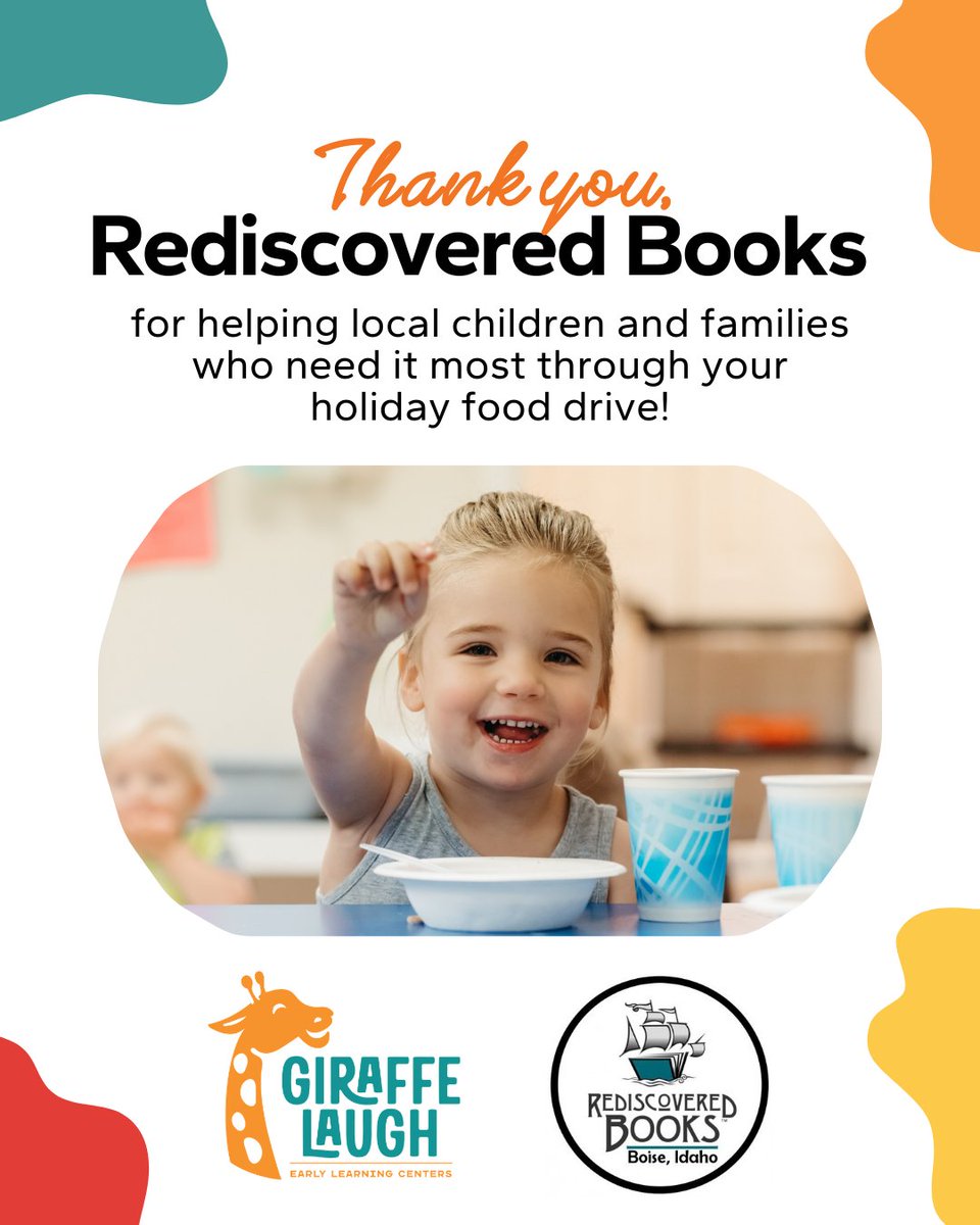 Thank you, Rediscovered Books, for hosting a food drive to support local children and families served by Giraffe Laugh during the holiday season! Rediscovered Books chose to invest in their neighbors and help make brighter futures possible for local children and families.