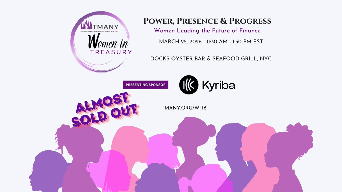 Women in treasury &amp; finance—almost sold out. Power, Presence &amp; Progress is an interactive NYC lunch with candid insights + facilitated table talk for real career momentum. Wed Mar 25, 11:30–1:30 ET @ Docks Oyster Bar. 

Sponsored by Kyriba + Actualize. 
tmany.org/wit6