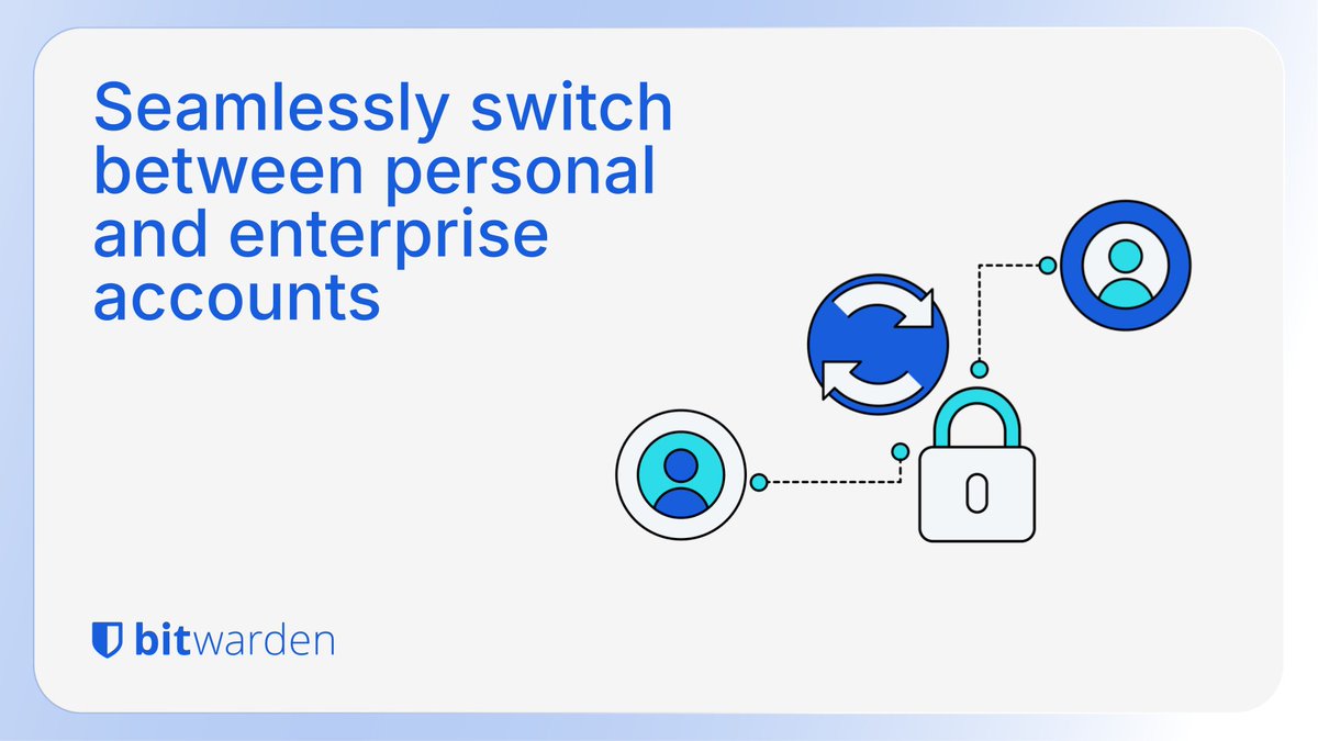 Bitwarden's tweet image. Use account switching to smoothly navigate between your work and personal Bitwarden accounts. Learn how: btwrdn.com/46Pz6TS #passwordmanager