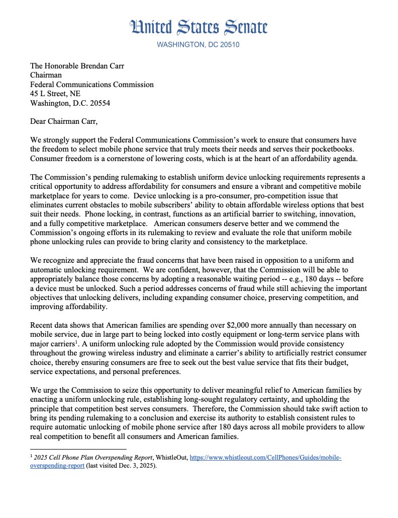 SenLummis's tweet photo. American families spend $2,000+ annually on mobile service, due in part to carrier lock-in.

@SenJohnKennedy, @SenEricSchmitt, &amp; I are calling on @BrendanCarrFCC to finalize FCC rulemaking allowing consumers to use their phone on any carrier's network once the device is paid off. https://t.co/eFpOhZmzfx
